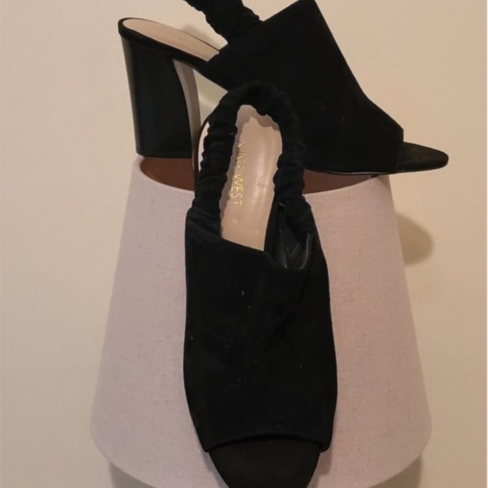 BLACK SUEDE NINE WEST HEEL MULES